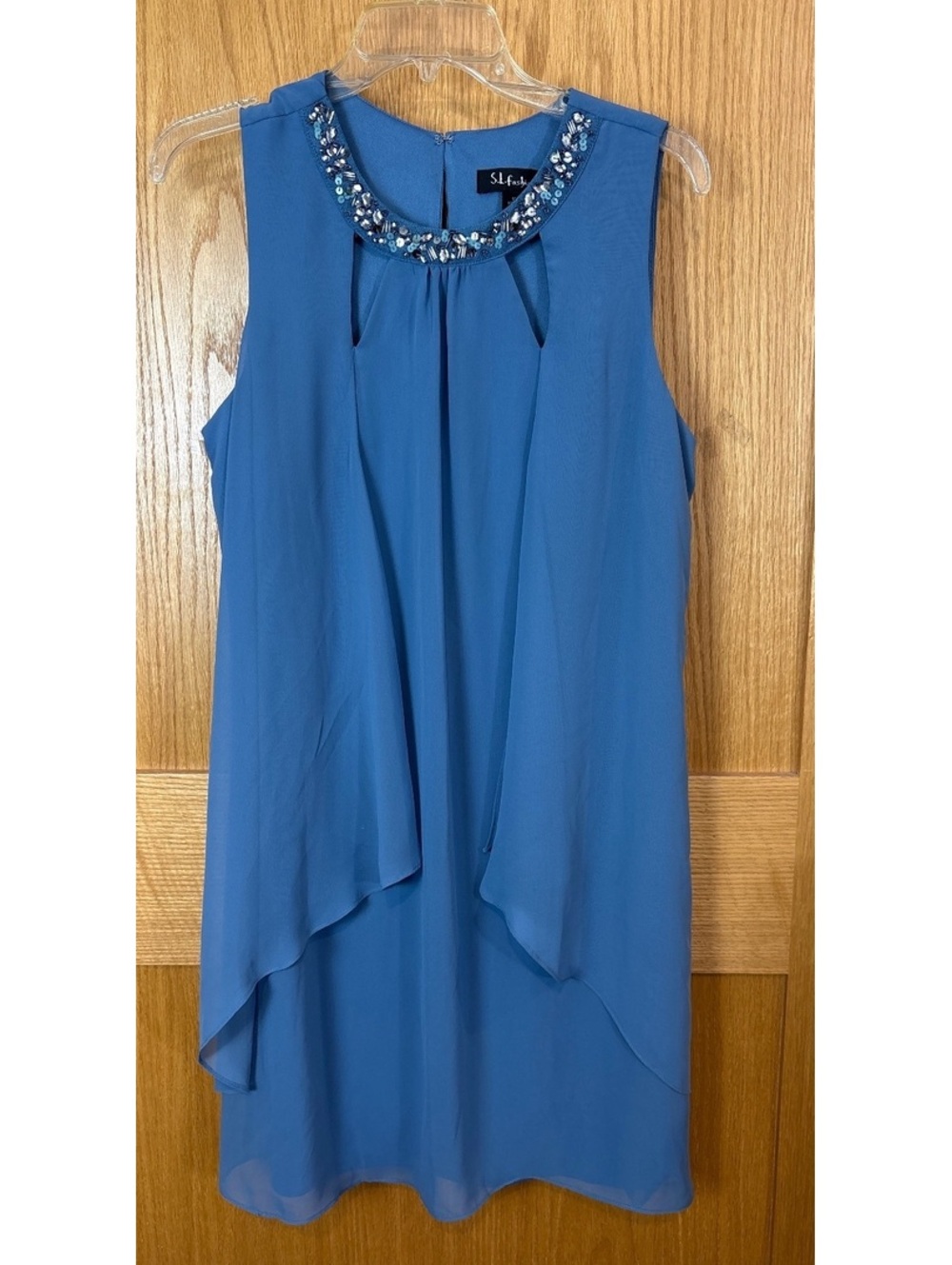 S.L. Fashions Blue Sleeveless Embellished Neck Dress Size 12